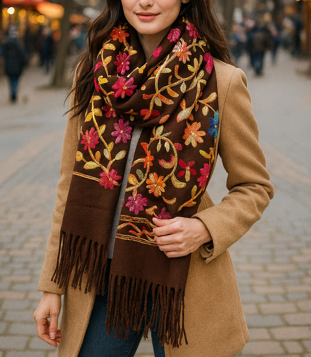 Women's folklore scarf with flower motif and tassels