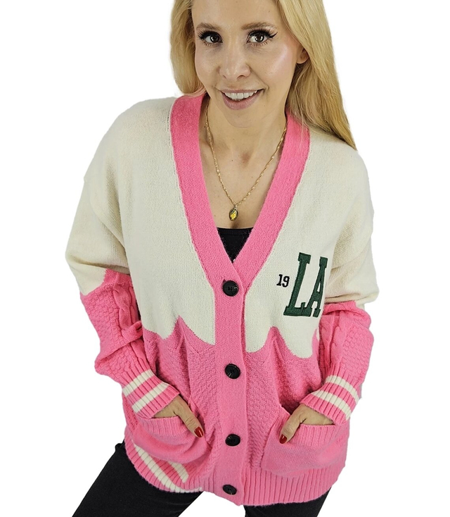 Short cardigan sweater with Los Angeles patches