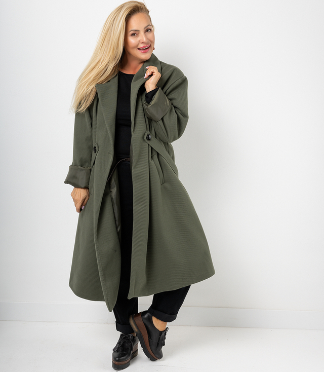 Women's long oversize coat with decorative belt KASIA