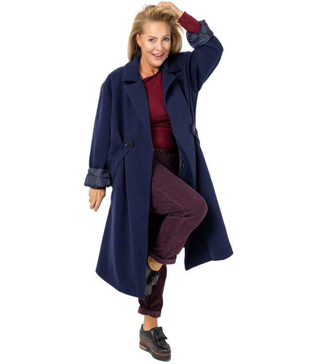Women's long oversize coat with decorative belt KASIA