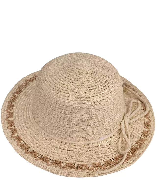 Braided raffia straw hat with drawstring