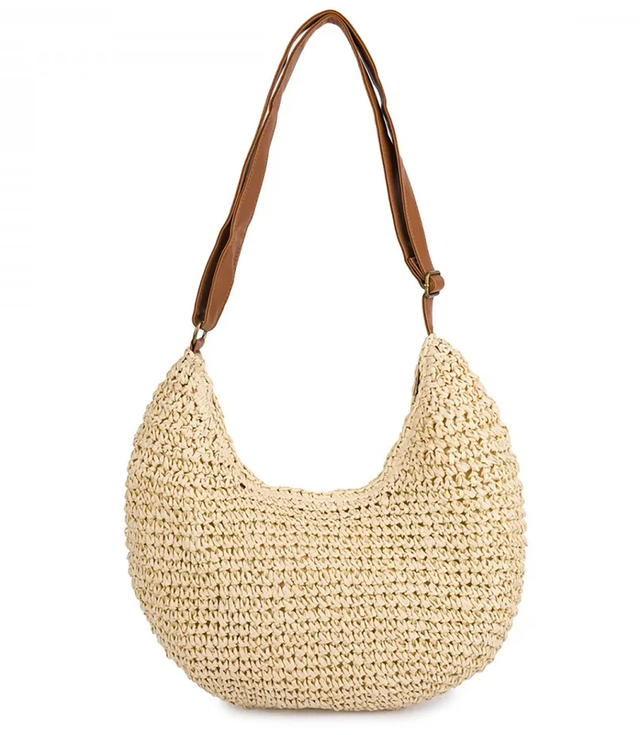 Semi-circular boho handbag with eco-leather strap and zipper closure