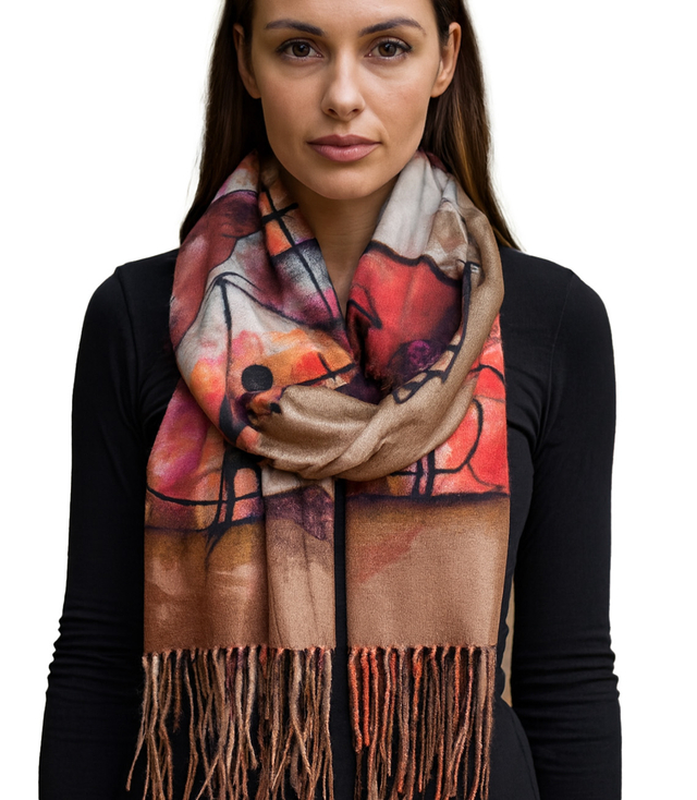 Women's scarf with abstract motif tassels