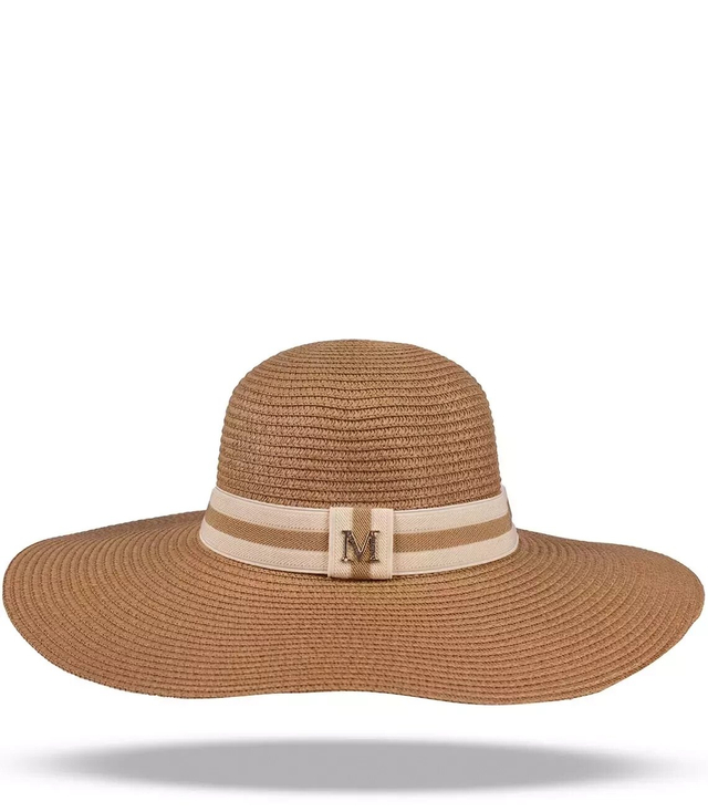 Large women's straw hat with a ribbon and the letter M