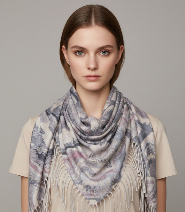 Wavy delicate pattern scarf with tassels