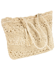 Large rectangular straw beach bag with openwork pattern