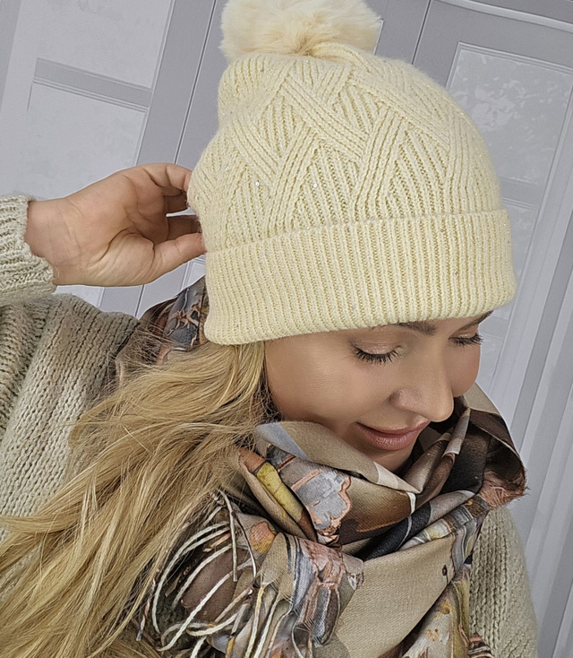 Warm women's beanie with pompon winter autumn with zircons one-color