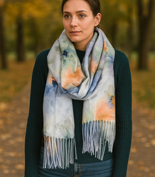 Women's scarf with floral motif and tassels elegant