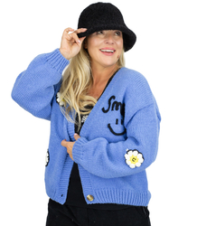 Fashionable sweater cardigan with button patches