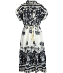 Midi safari print summer dress with a stand-up collar and a NEL belt