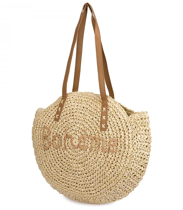 Round braided boho handbag with "Bohème" lettering