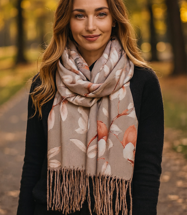 Women's scarf with a motif of small flowers tassels
