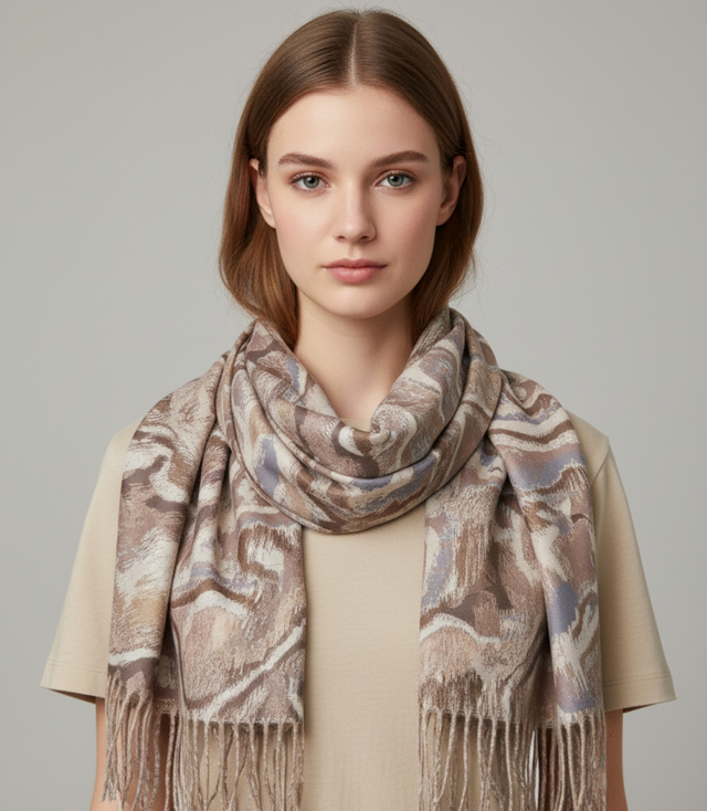 Wavy delicate pattern scarf with tassels