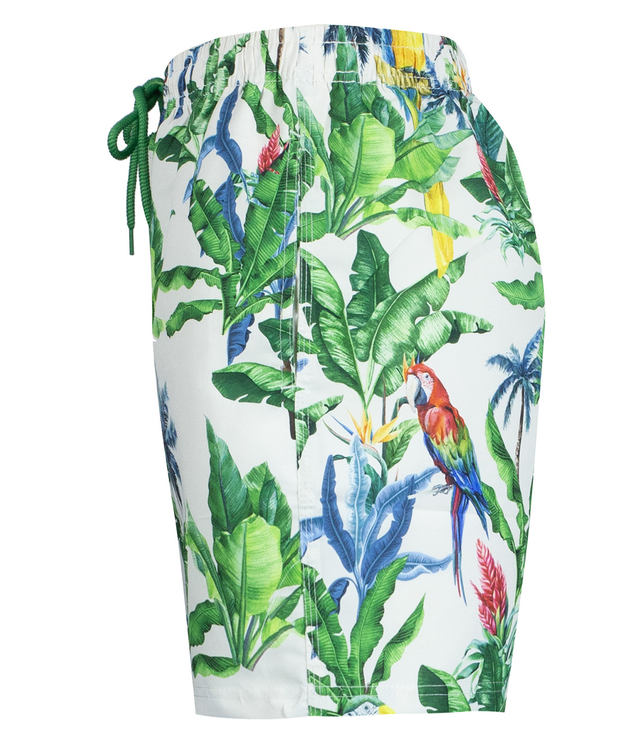 Swimming shorts with tropical print all over patterns