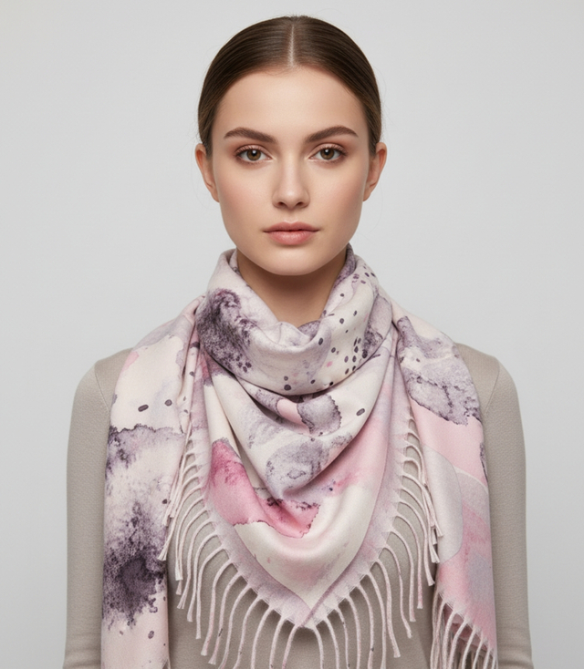 Women's scarf with watercolor delicate pattern and tassels