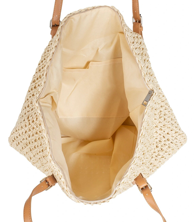 Large rectangular straw beach bag with eco-leather handles