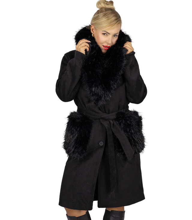 Elegancki damski płaszcz z ozdobnym futrem CRYSTAL