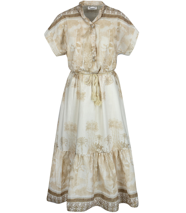 Midi safari print summer dress with a stand-up collar and a NEL belt
