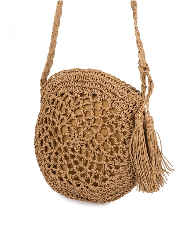 Round small summer shoulder bag made of paper raffia