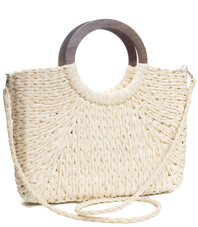 Large basket summer bag handbag braided wooden handles