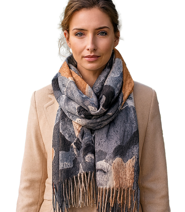 Women's scarf with floral motif and tassels elegant