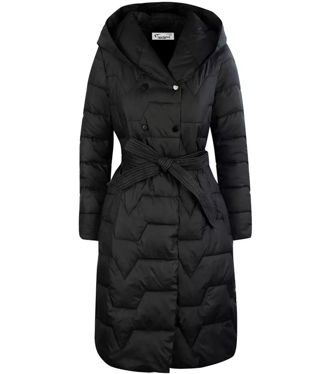 Long winter coat, jacket tied at the waist