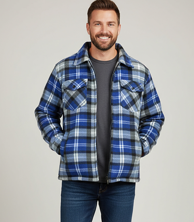 Warm fleece checked men's shirt insulated with faux fur