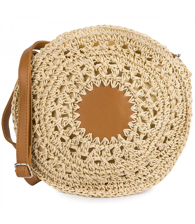 Round braided boho handbag with long strap