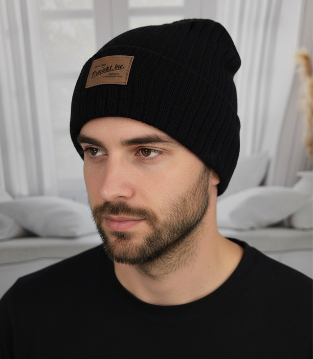 Knitted beanie hat with patch - style and comfort