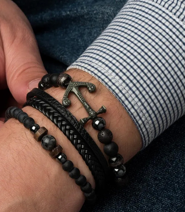 Set of men's bracelets natural stone with anchor