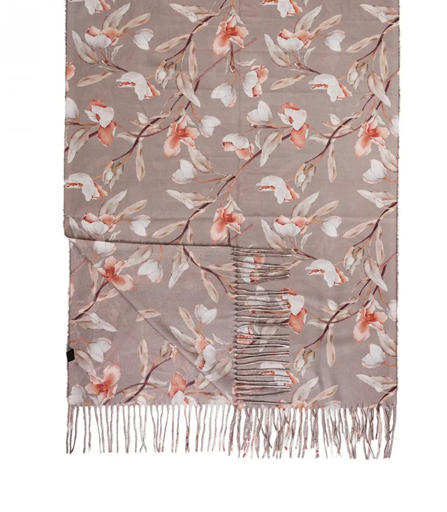 Women's scarf with a motif of small flowers tassels