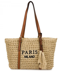 Braided boho handbag with tassels and lettering PARIS MILANO