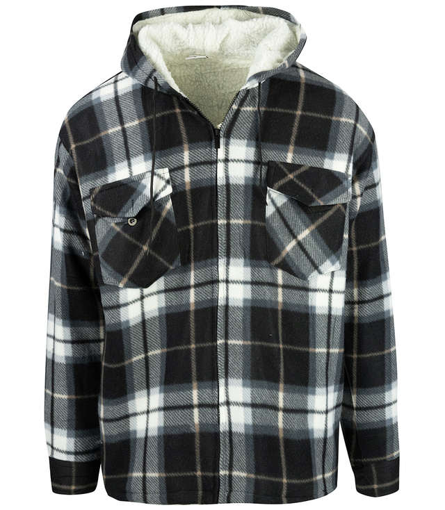 Warm fleece men's plaid shirt with hood insulated with faux fur