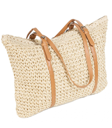 Large rectangular straw beach bag with eco-leather handles