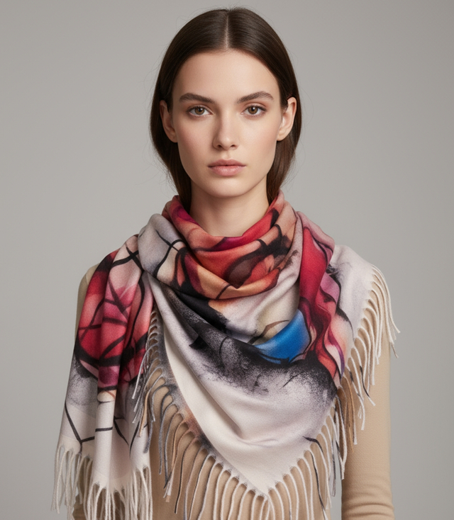 Abstract shawl scarf multicolored elegant with tassels