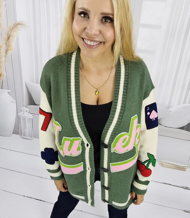 Short cardigan sweater with patches LUCKY 
