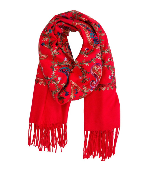 Women's scarf with embroidered pattern and tassels