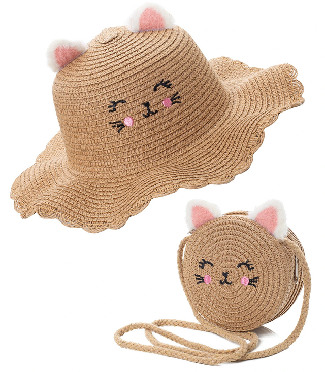 Uroczy komplet kapelusz z twarzą kotka + torebka