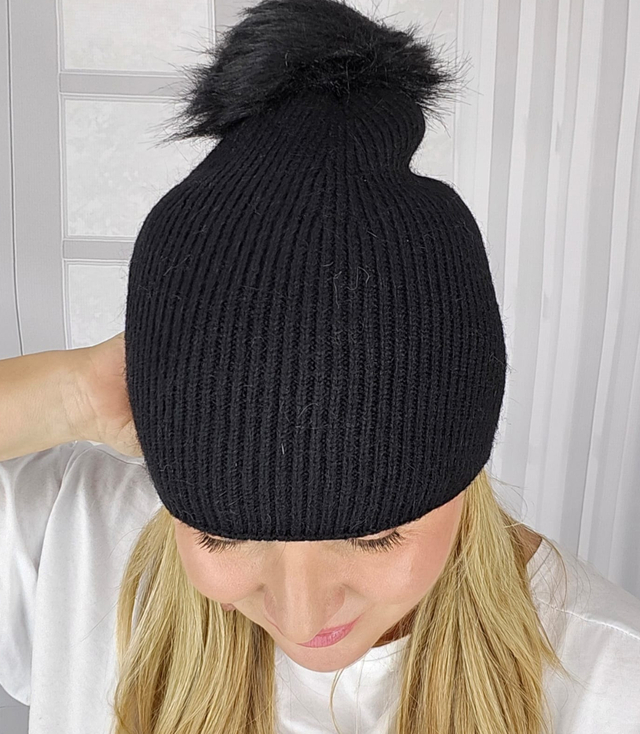 Warm women's beanie with pompon winter autumn ribbed monochrome hat