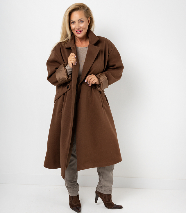 Women's long oversize coat with decorative belt KASIA