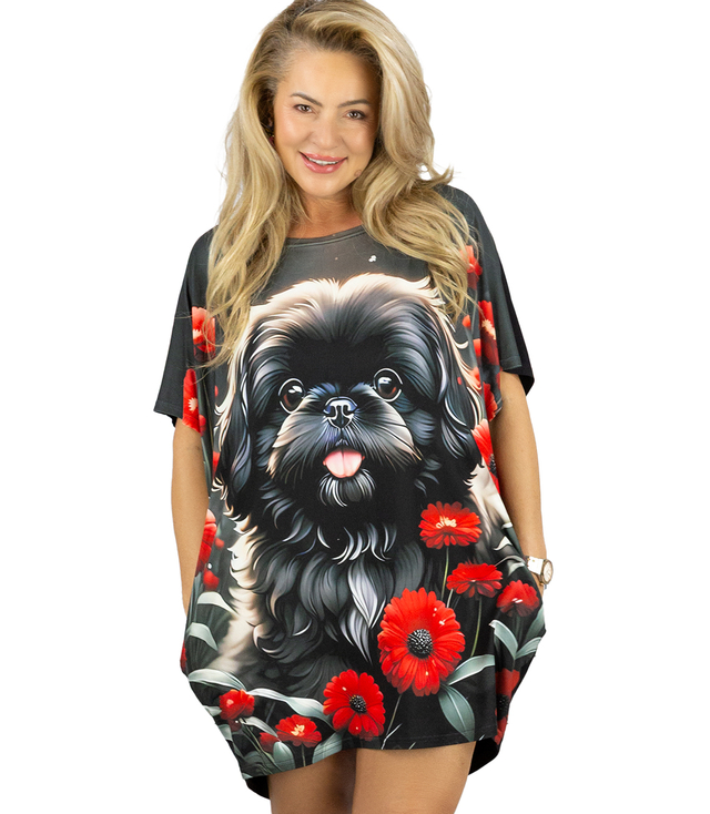 Black tunic dress with colorful print and pockets PERLA