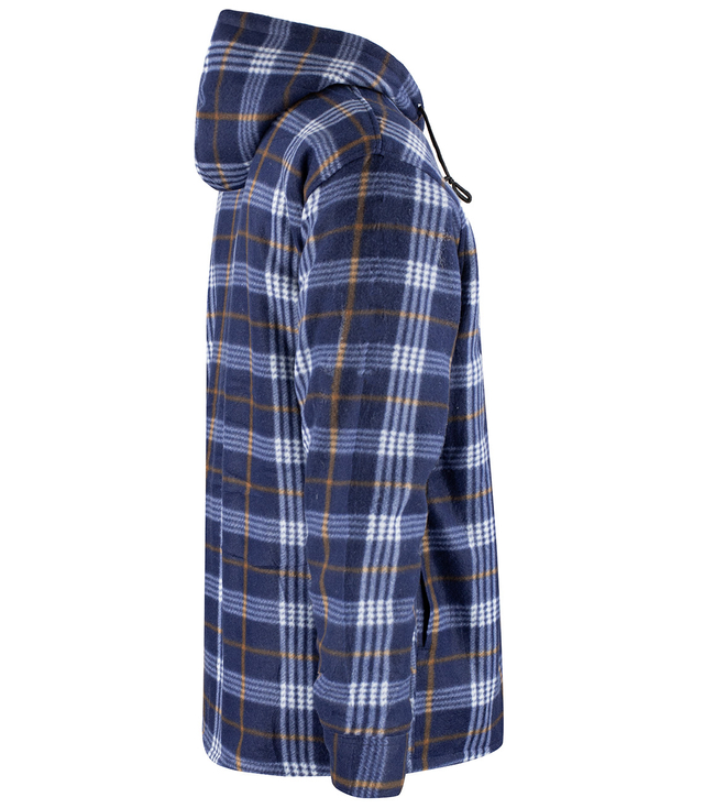 Warm fleece men's plaid shirt with hood insulated with faux fur