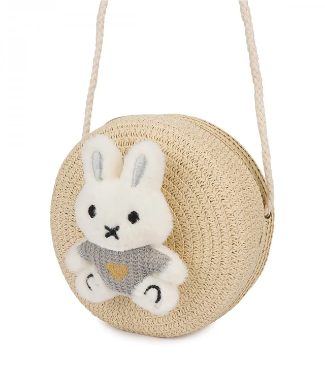 Children's straw bag with plush rabbit