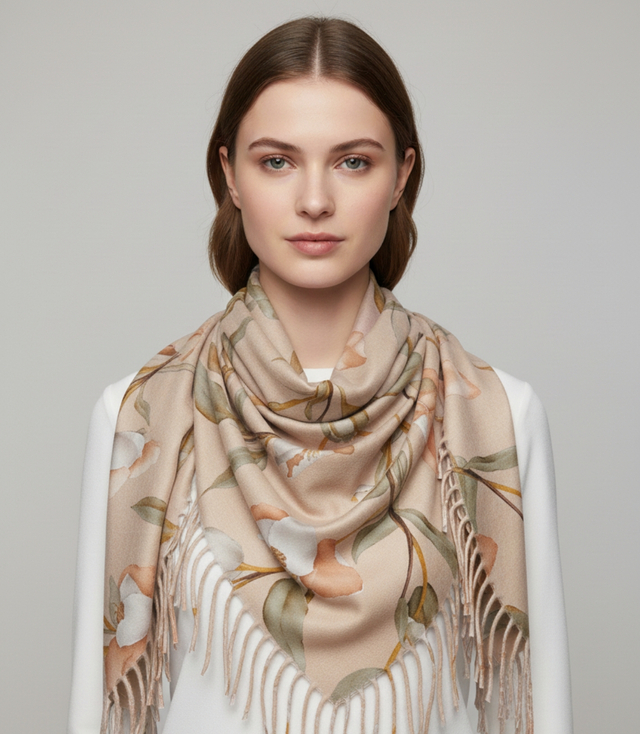Elegant floral shawl scarf with tassels