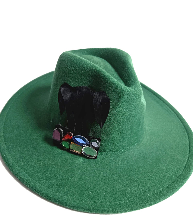 Elegant women's fedora hat with decorative brooch with colored zircons