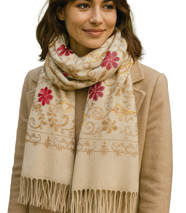 Women's folklore scarf with flower motif and tassels