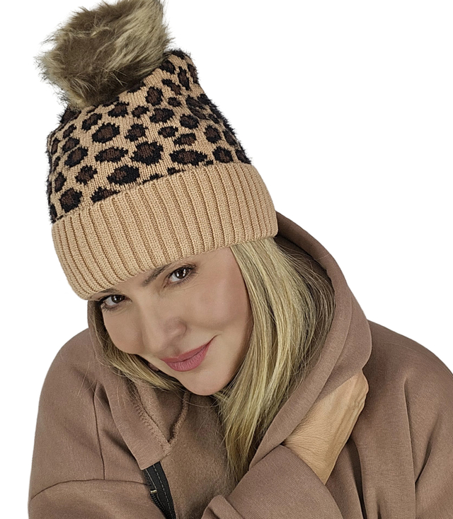 Warm women's cap with pompom autumn winter leopard spots