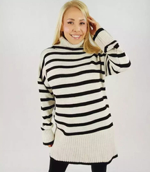 Oversize loose long turtleneck sweater with stripes