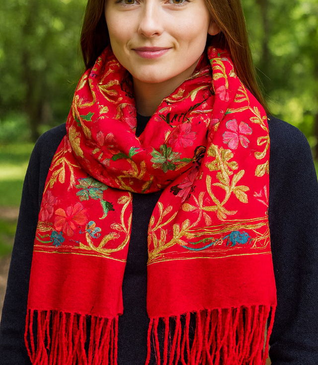 Women's folklore scarf with flower motif and tassels