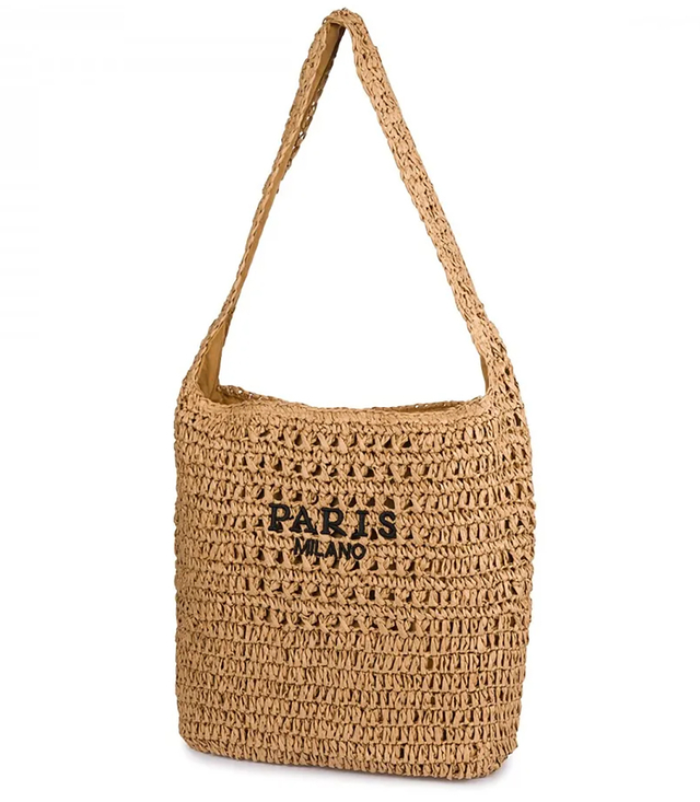 Torebka boho z plecionki z napisem PARIS MILANO